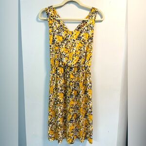 Kaileigh, medium, women cross back elastic waist knee length floral yellow dress